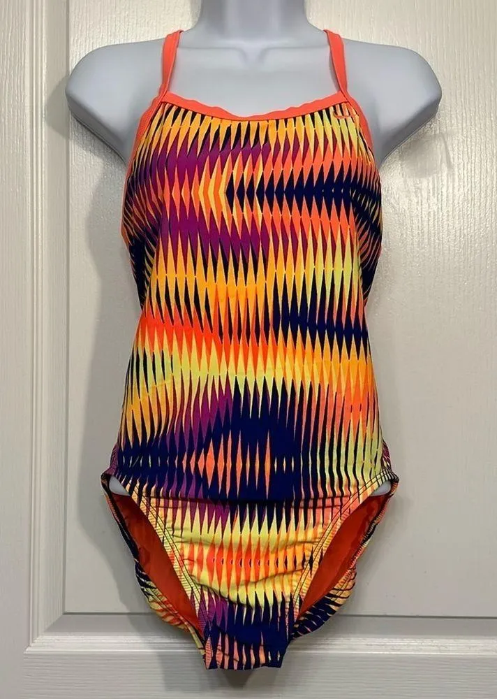 Women's Nike Shutter Multicolor Orange Navy Purple Swimsuit Size 10 EUC #1290 - Image 2