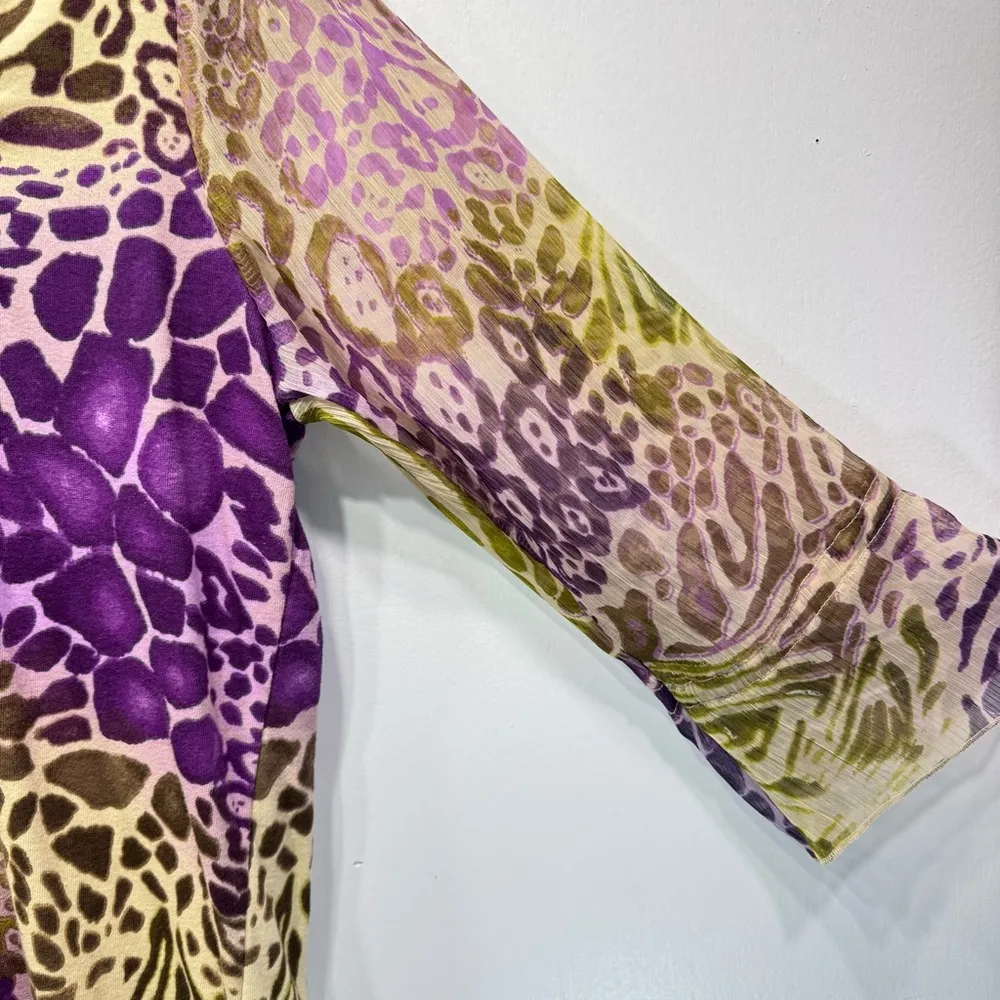 Caribbean Joe Mixed Animal Print Cotton Knit Top Sheer Bell Cuff 3/4 Sleeves - Image 3