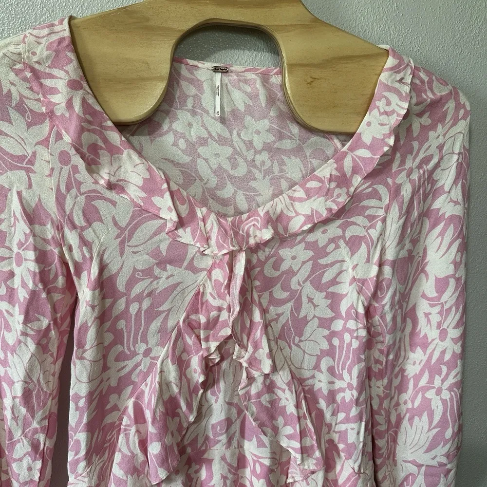 Free People Rebecca Floral Ruffled Mini Dress Bubblegum Pink Size XL Long Sleeve - Image 2