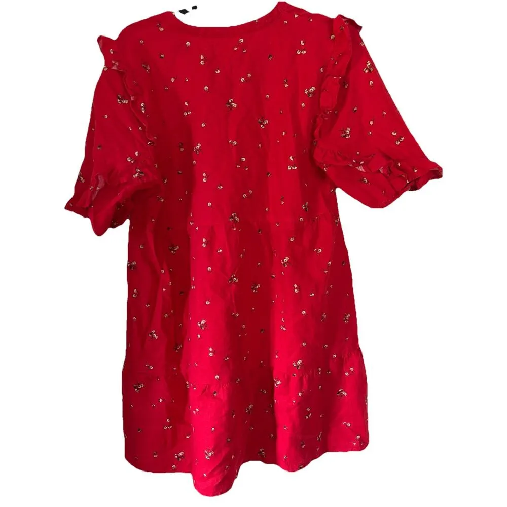 Goodthreads Red Ginkgo Print Linen Blend Peasant Prairie Dress Womens Large - Image 3