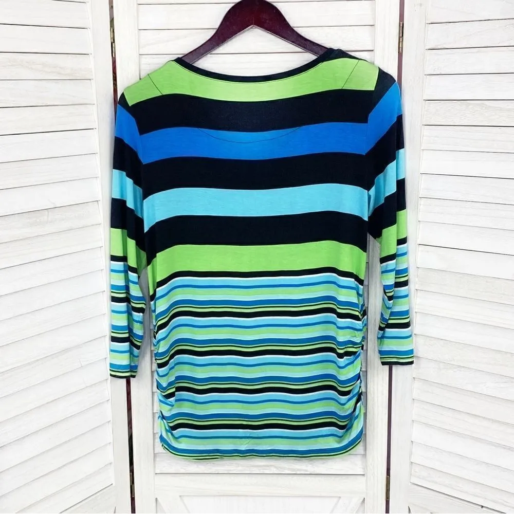 Ruby Rd. Beaded Neckline Striped Shirt Teal Lime Black Small Blue - Image 8