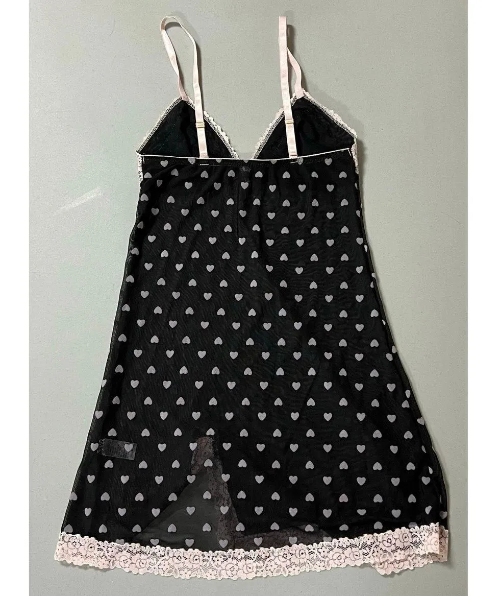 Carrie Amber Intimates Black Pink Heart Hearts Sheer Lace Babydoll Slip Nightie Nightgown Lingerie Dress Size S 🖤🩷 - Image 6