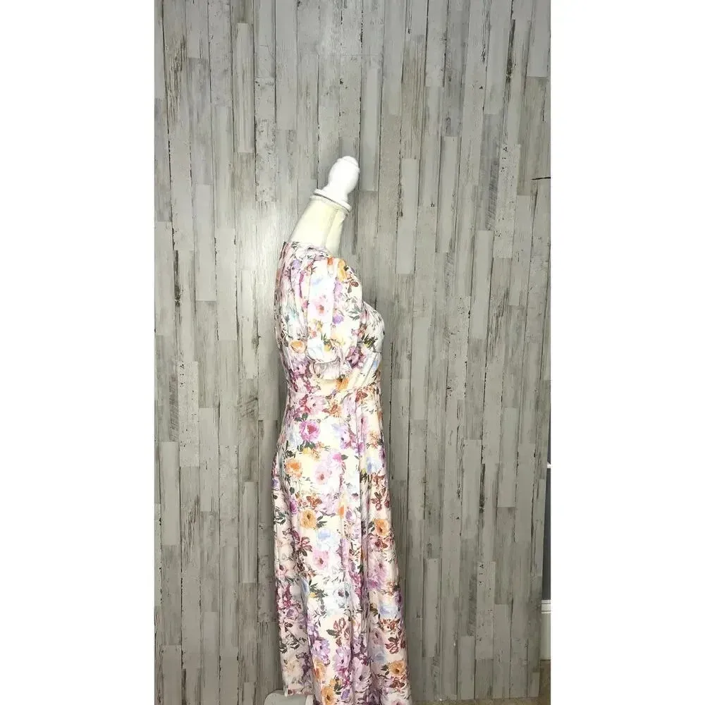 SHEIN Women's Small Floral Puff‎ Sleeve A-Line Multicolor Spring Midi Dress - Image 9