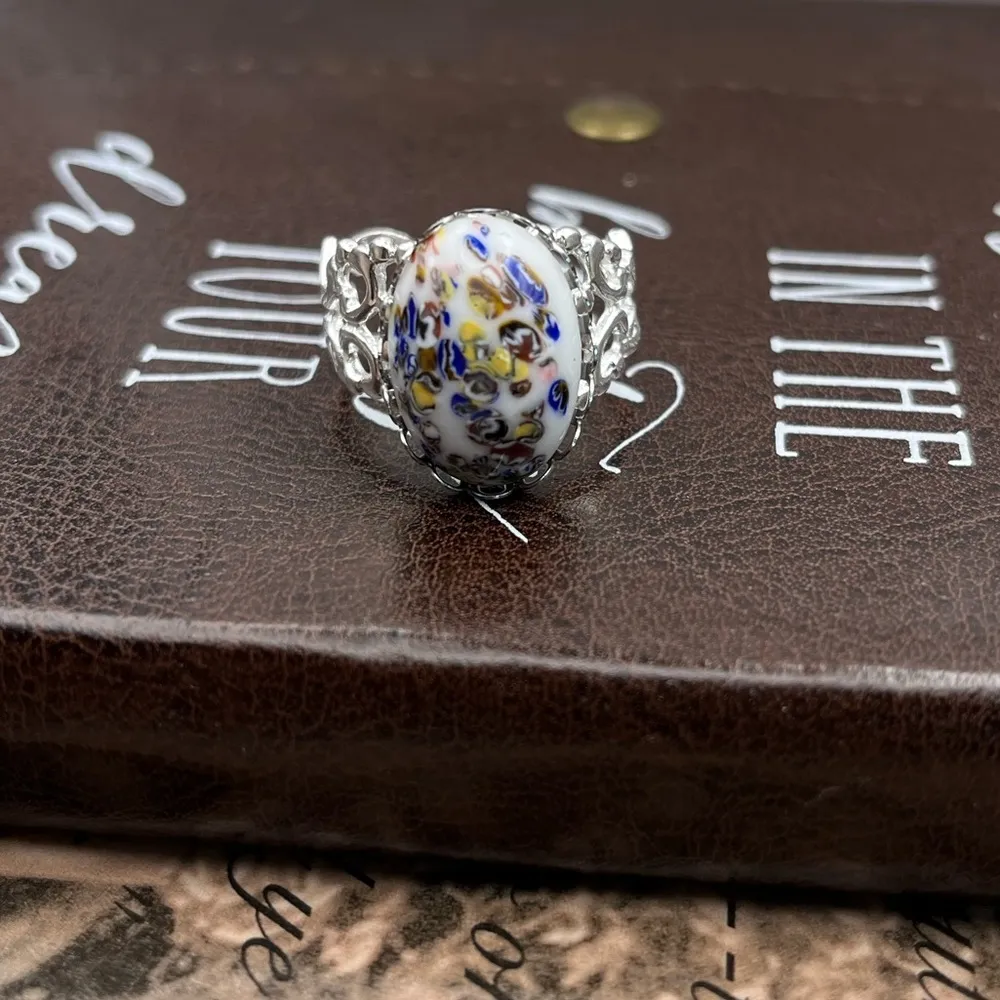 Vintage 1970s Colorful White Millefiori Cabochon Boho Style Stainless Steel Ring - Image 7