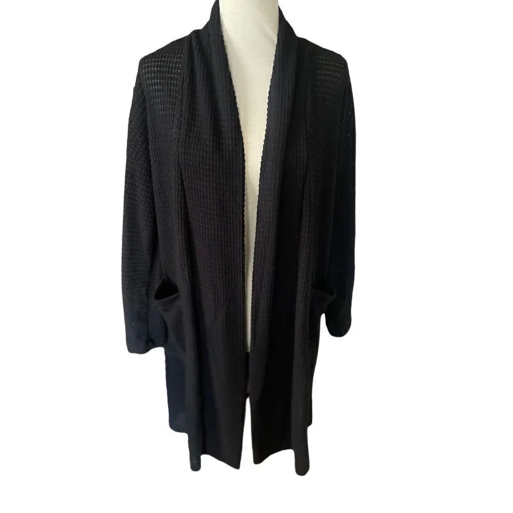 CY Fashion Long Black Open Semi Sheer waffle Knit Cardigan Size Small - Image 9