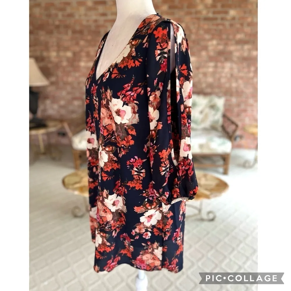 Lulus Shifting Gears Dress Floral Mini Shift Slit Sleeve Blue S Cocktail Chic - Image 8