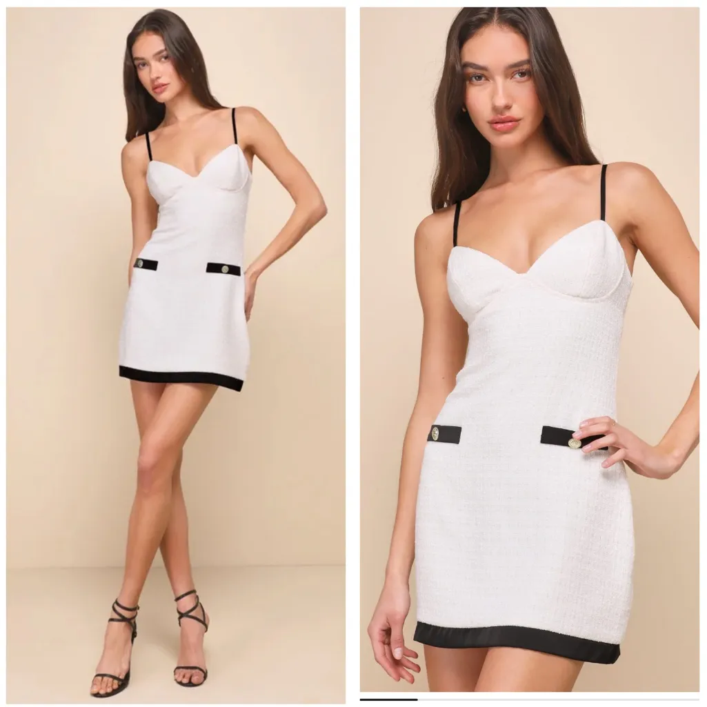 Lulus Easily Posh Ivory Tweed Lurex Sleeveless Bodycon Mini Dress Size  XS - Image 2