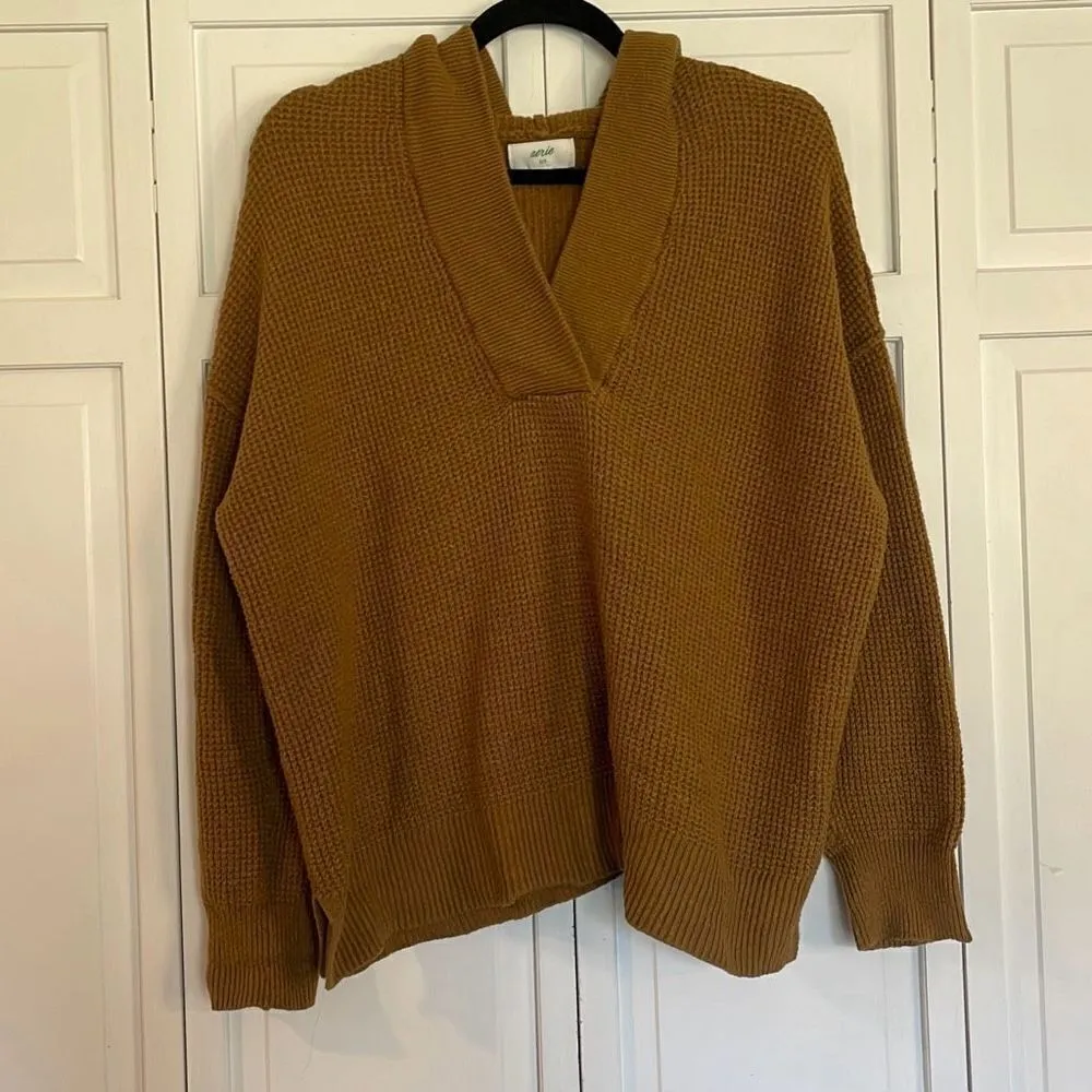 Aerie cozy up brown waffled knit hooded sweater size small - Image 3