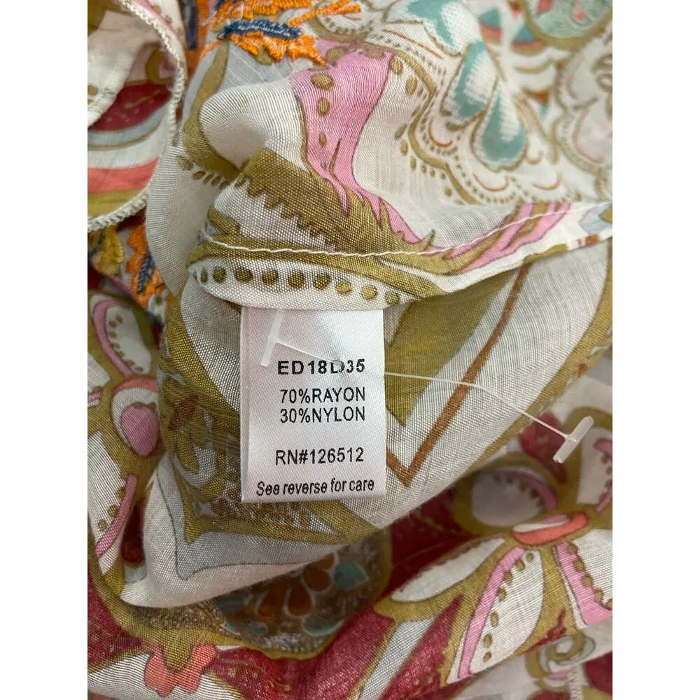 Cyrena Embroidered Button Front Shirt Womens S Floral Beaded Sequin Boho Hi Low - Image 10