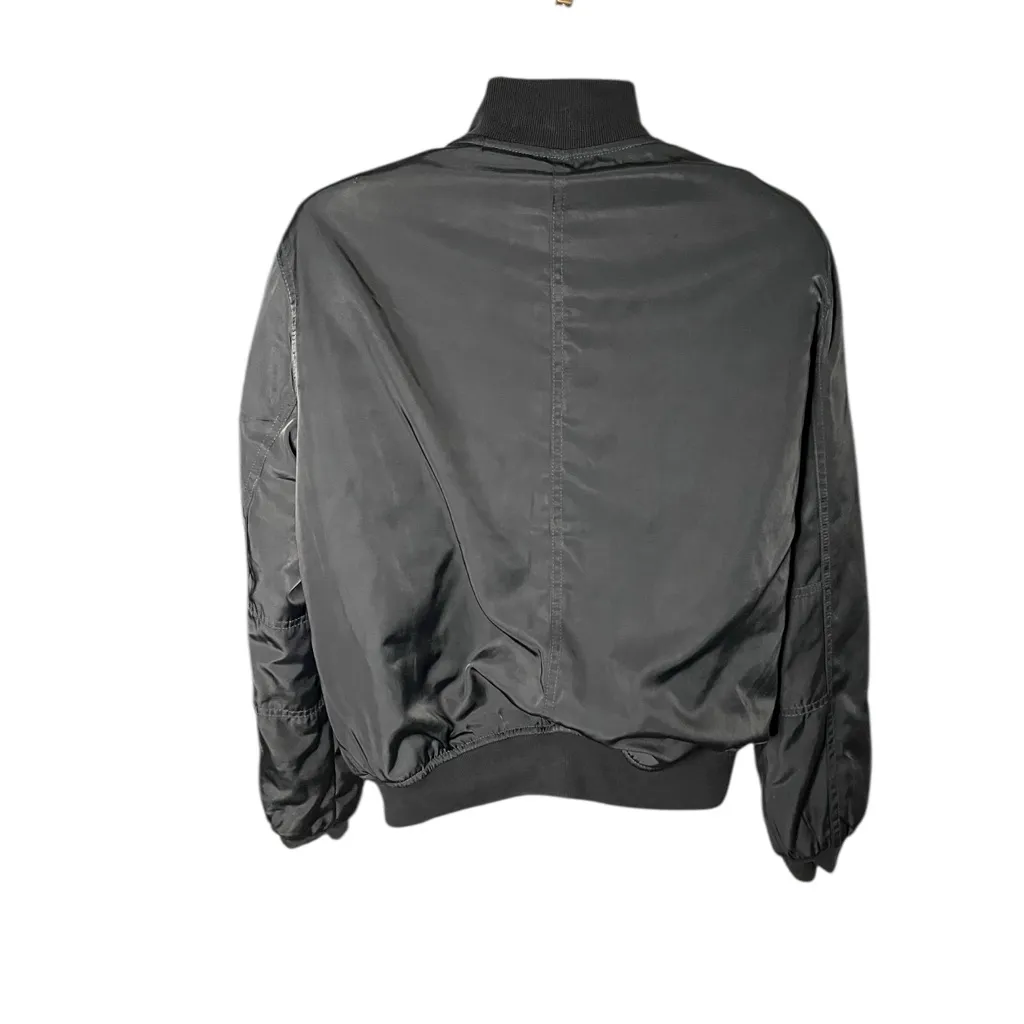 Kendall & Kylie Bomber Jacket Satin Zip Front Ribbed Hem Dark Olive Black S - Image 2