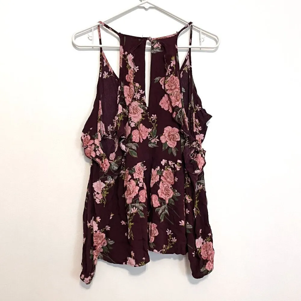 AMERICAN EAGLE Burgundy Maroon Floral Cold Shoulder Long Sleeve Babydoll Blouse - Image 12