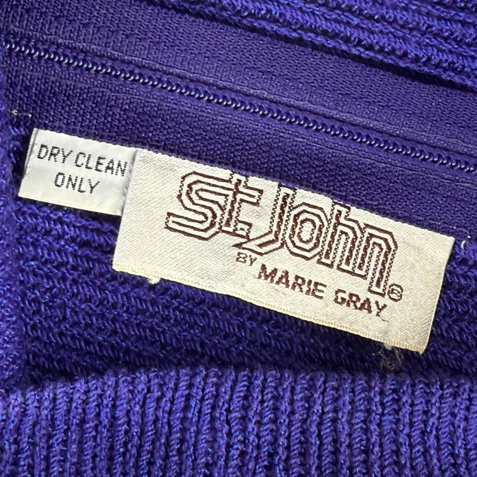 St John Vintage Purple Santana knit Ribbed Midi Dress Gold Buckle Belt Sz 14 Blue - Image 2