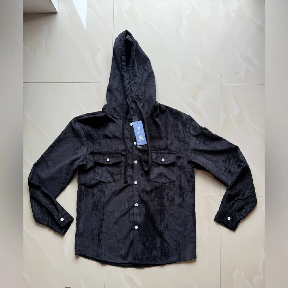 Romwe Black black  hooded Button Up Shirt Jacket Shacket Sz M  full button - Image 15