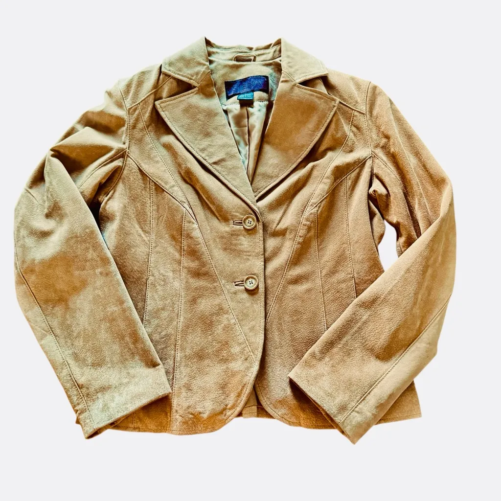 Siena Tan Suede Leather Blazer Jacket Women’s Size 4 Tailored Button Front - Image 8
