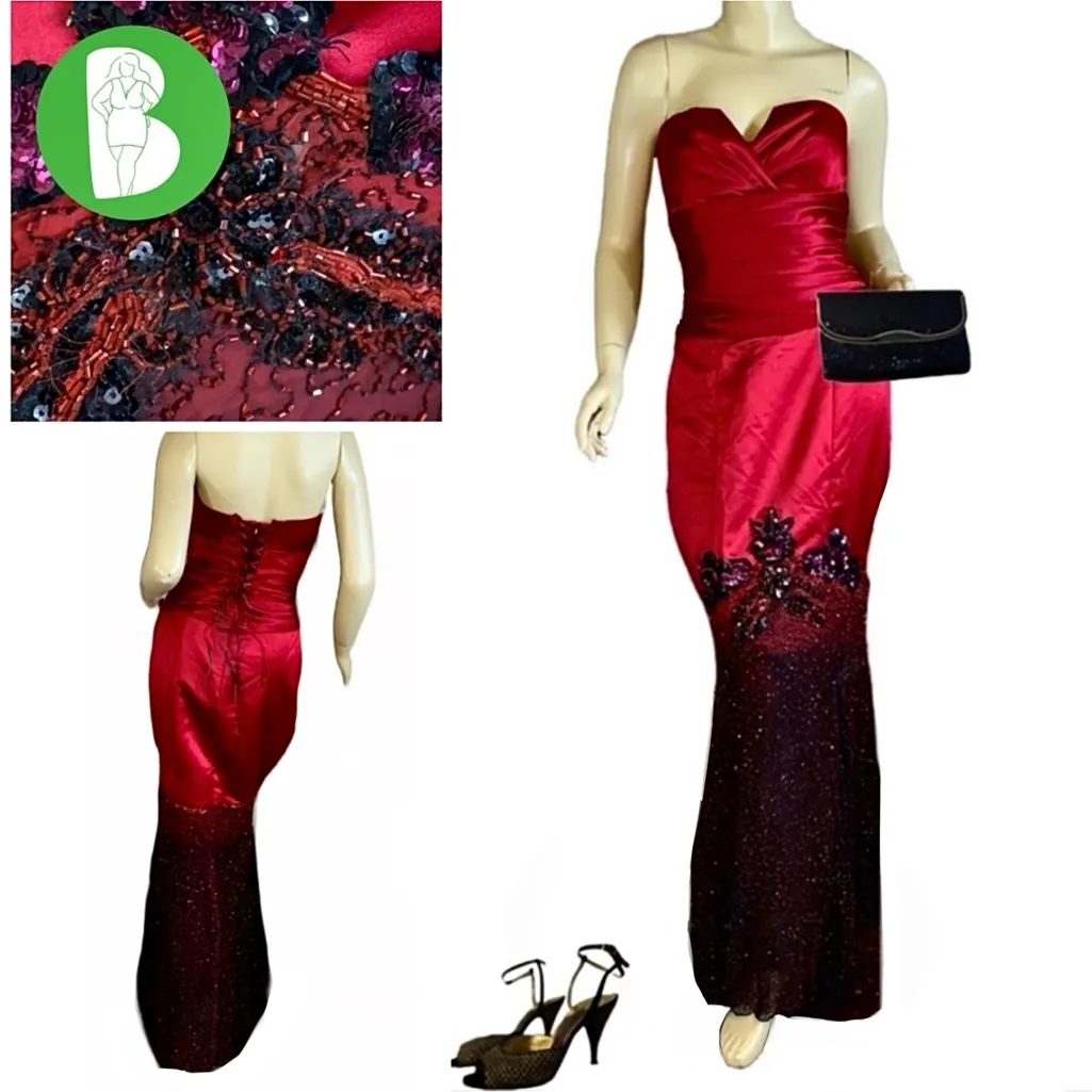 BELSOIE RED & BLACK STRAPLESS MERMAID STYLE SATIN BEADED GOWN (6) - Image 3