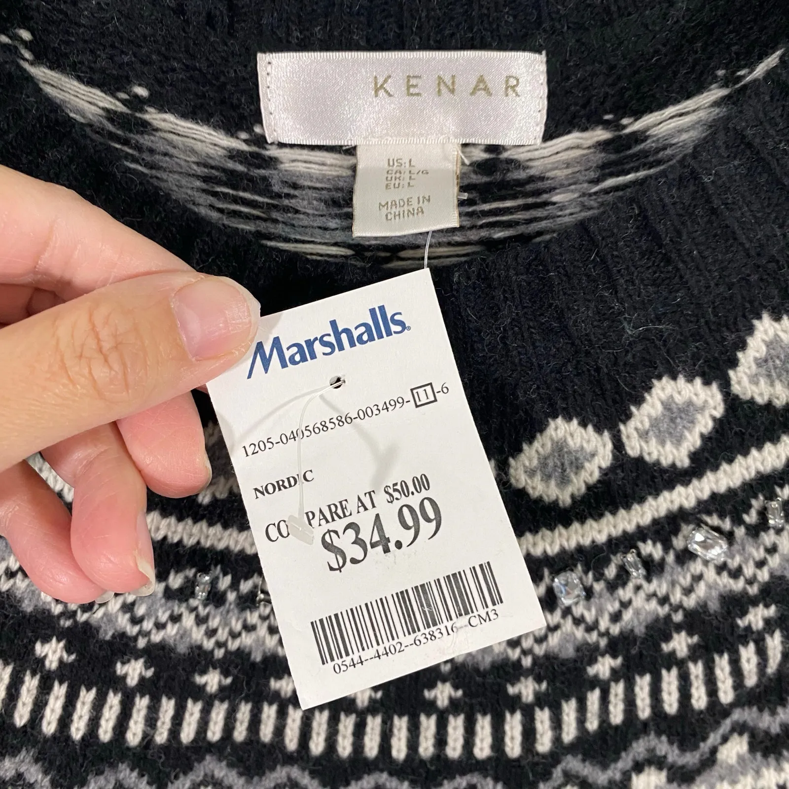 Kenar Women Black & Grey Lambswool Blend Bejeweled Fair Isle Sweater Size L NWT - Image 4