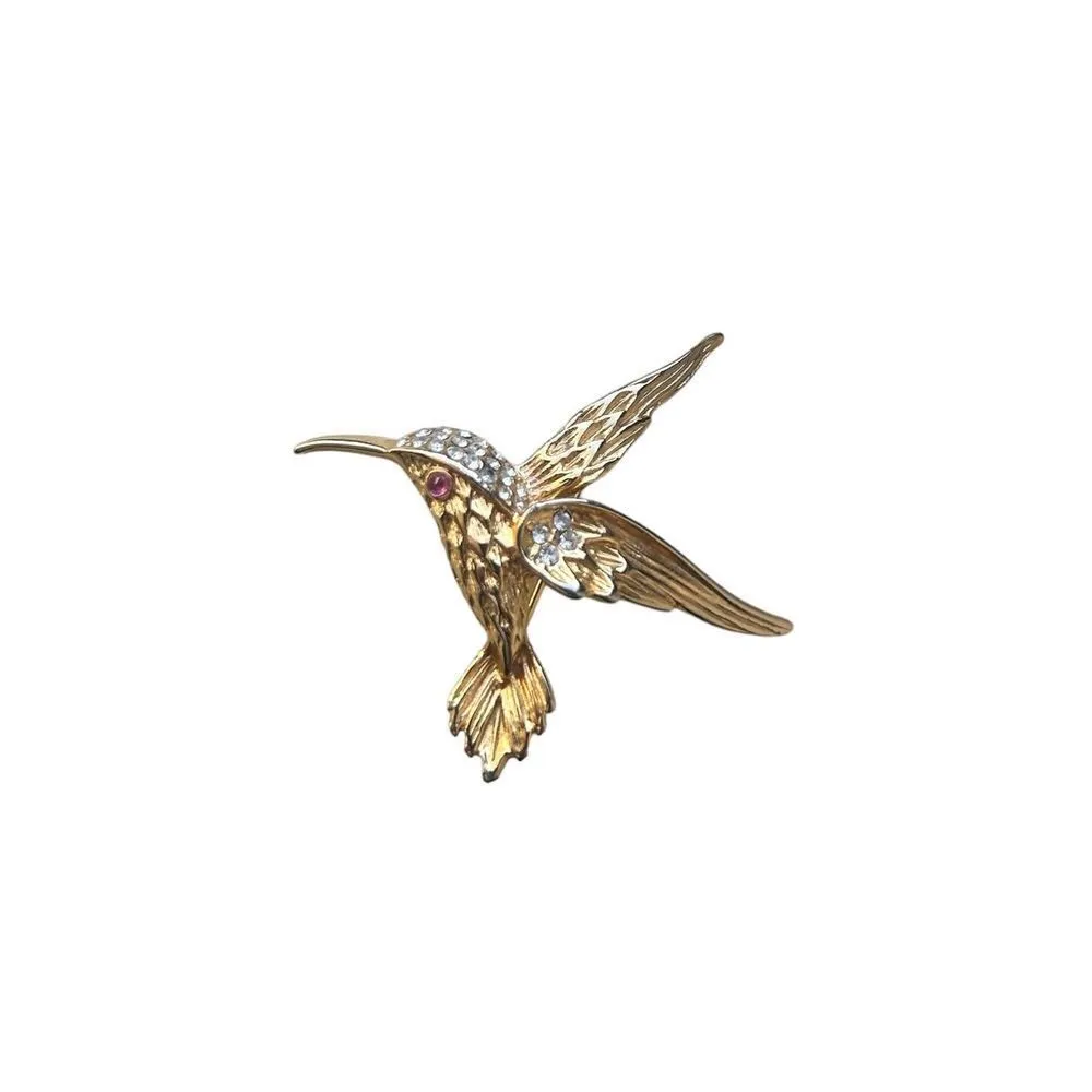 Gold Tone unsigned Hummingbird Pin Brooch / Rhinestone Accents brooch - Image 2