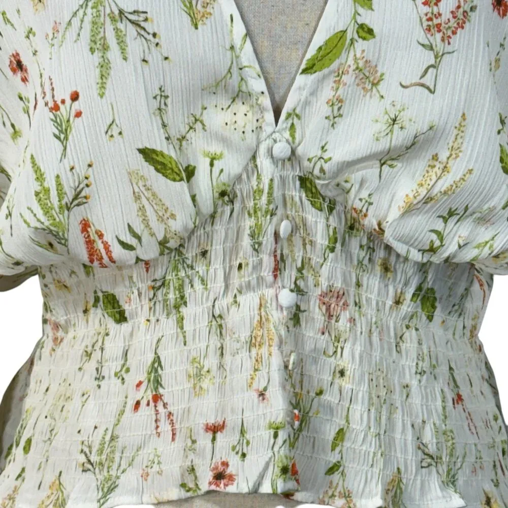 H&M X-Large Cropped Top Floral Deep V-Neck Smocked Waist Long Balloon Sleeves - Image 3