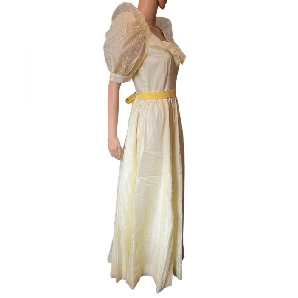 Vintage 70s Yellow Raised Dot Cottagecore Prairie Ruffle Formal Party Maxi Dress Size M - Image 4