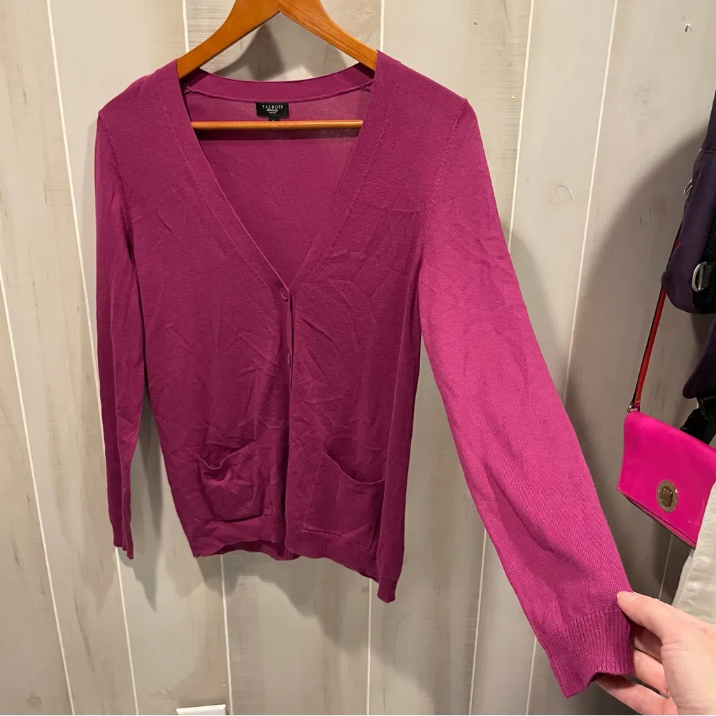 Cute raspberry cream lightweight cardigan sweater pockets cotton blend Talbots - Image 8