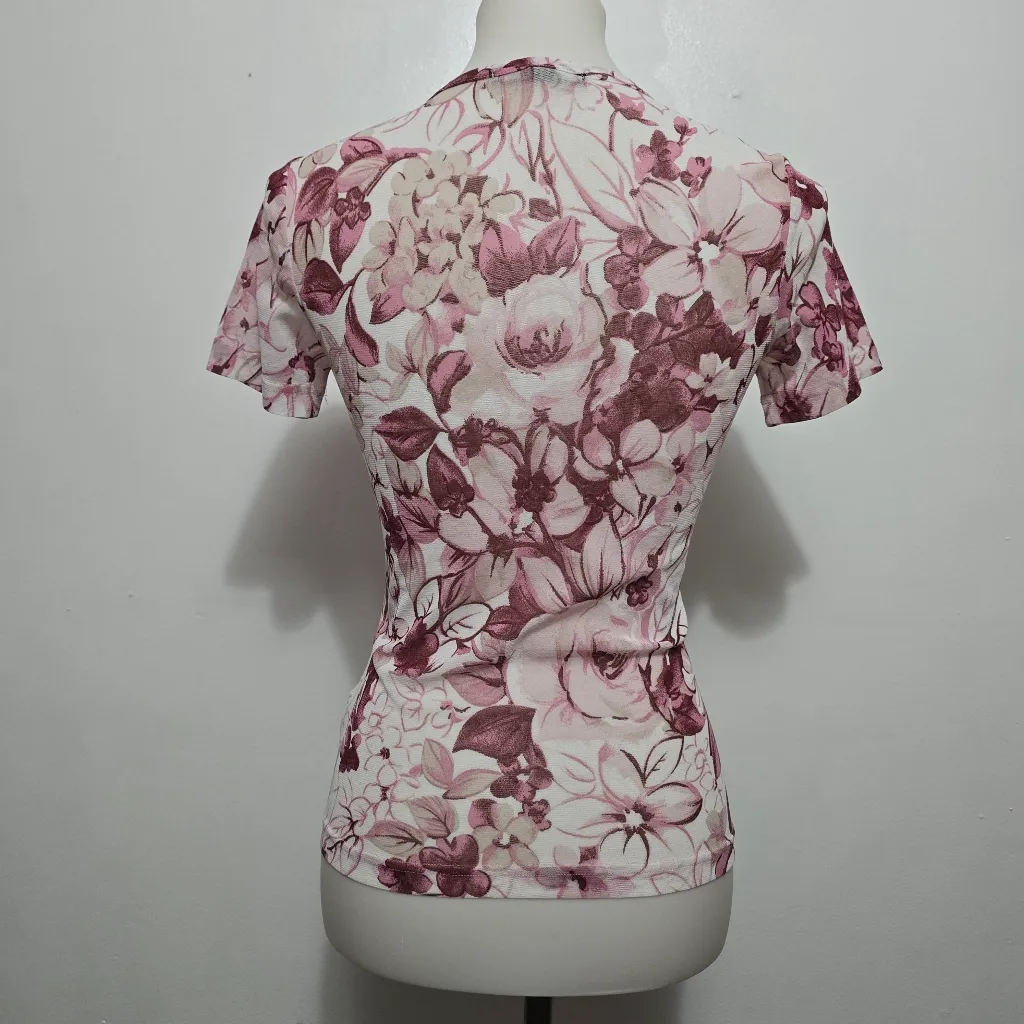 Karen Kane Burgundy Fitted Sheer Floral Top Medium Stretchy Y2K Mesh Feminine - Image 5