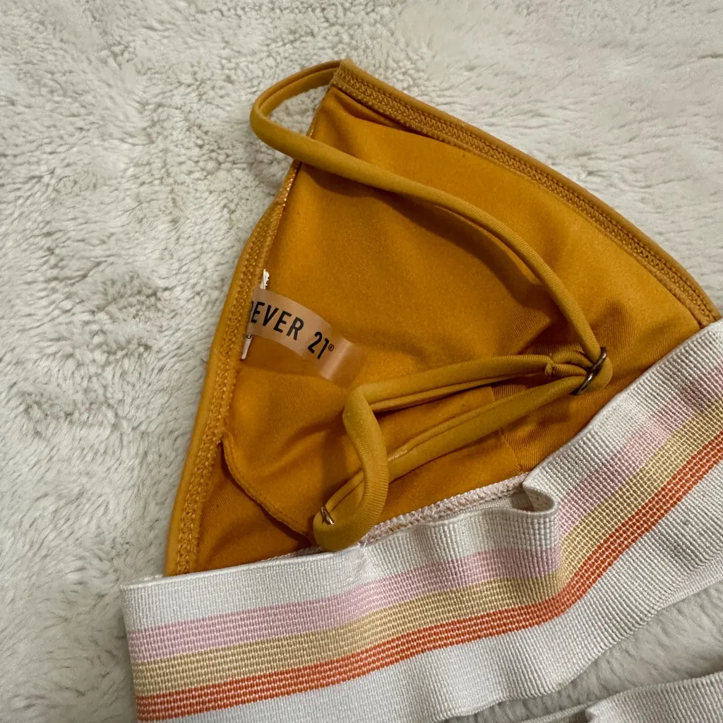 Forever 21 Yellow and White Striped High Waisted Cheeky Bikini Set size small - Image 5