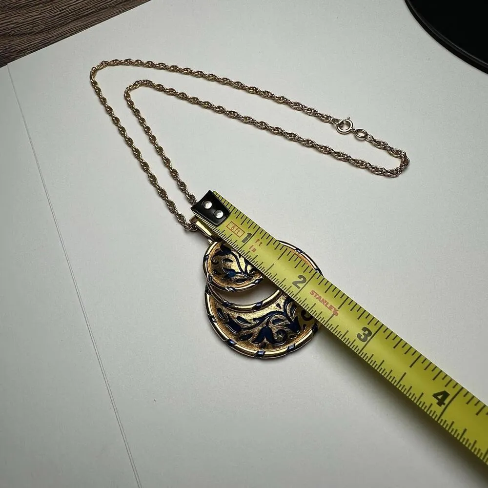 Crown Trifari L'ORIENT Necklace Pendant Blue Enamel Gold Tone Vintage Signed - Image 2