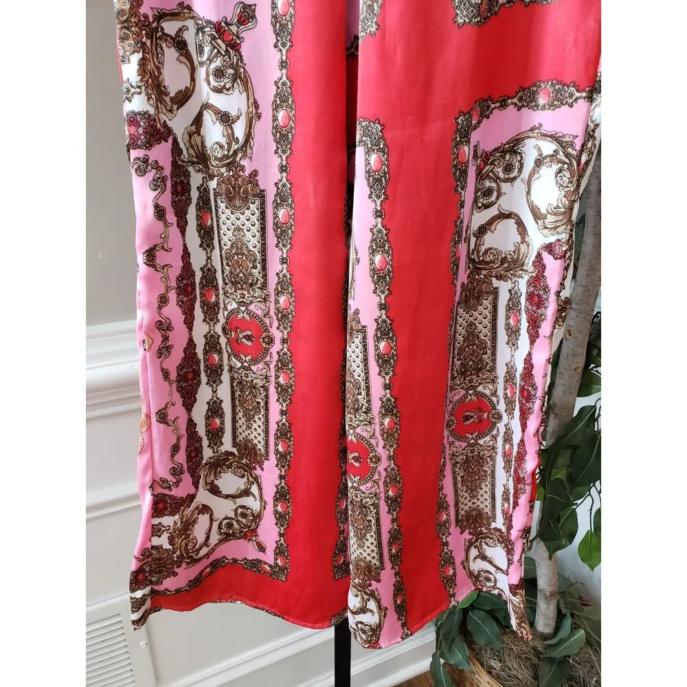 Boho Palazzo Pants Women's 2 Red Pink Lila Chain Print Wide Leg Elastic Waist - Image 11