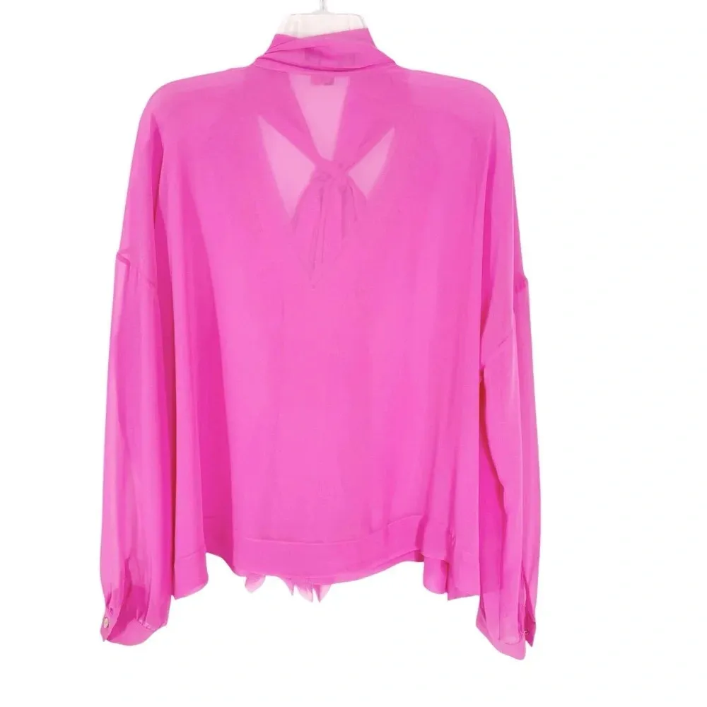 Le Superbe Ruffle Hendrix Tie Neck Chiffon Top in Electric Rose Pink Size 2 - Image 5