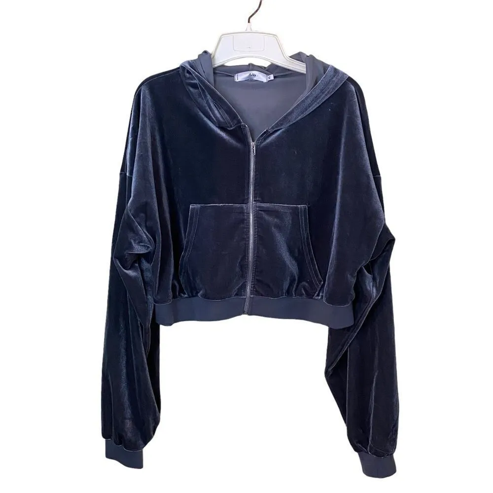 Adika Gambino Gray Zip-Up Velvet Crop Top Hoodie Size XL - Image 4