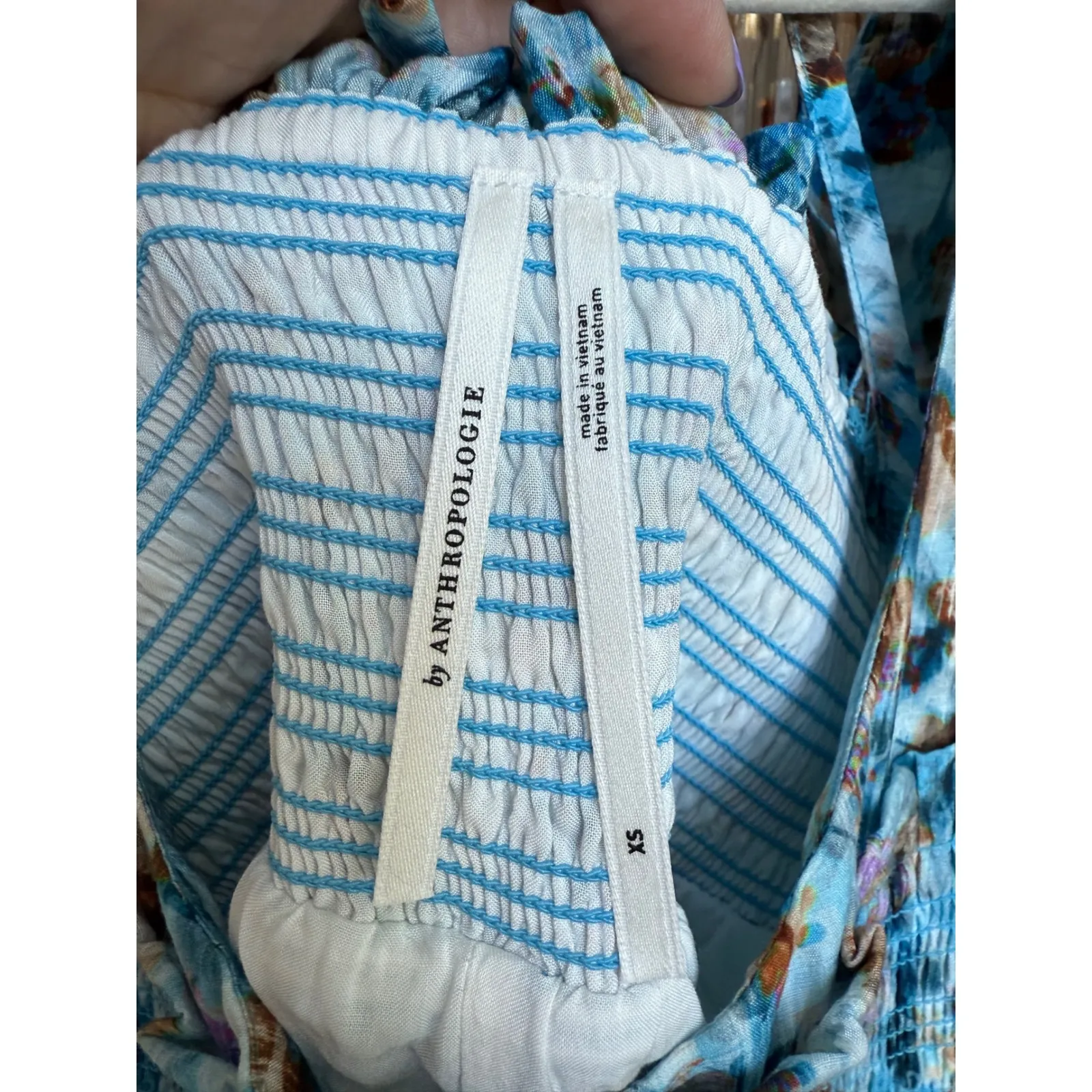 Anthropologie‎ Floral Print Blue Midi Dress Puff Sleeve Smocked Casual Size XS - Image 6