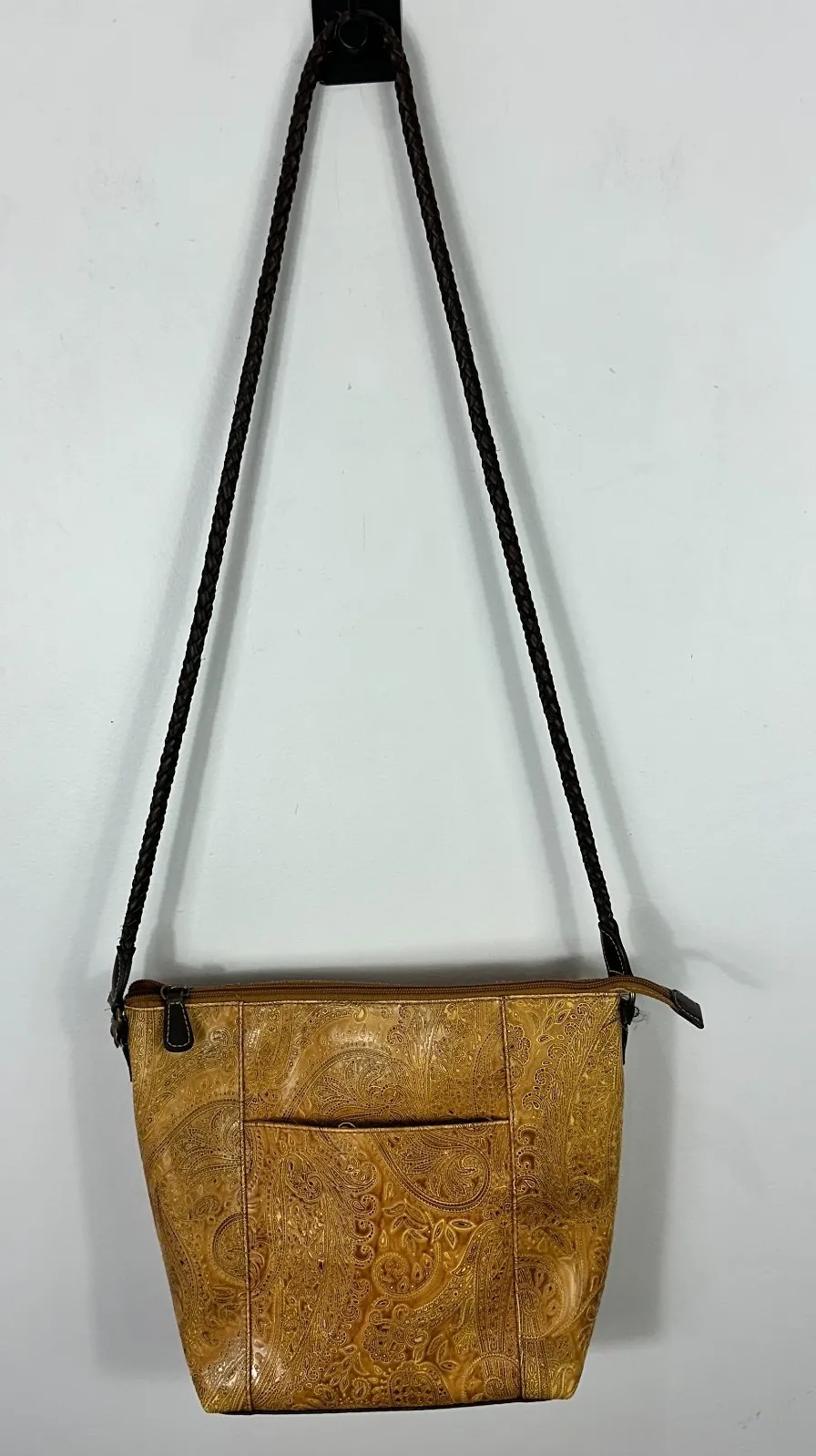 Relic Embossed Crossbody Bag Brown Faux Tooled Leather Western Boho Rustic 70s - Image 1