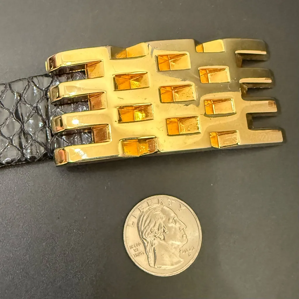 Vintage 80s ABBI Creation Black Genuine Snake Leather Gold Buckle Belt Size 32 - Image 8