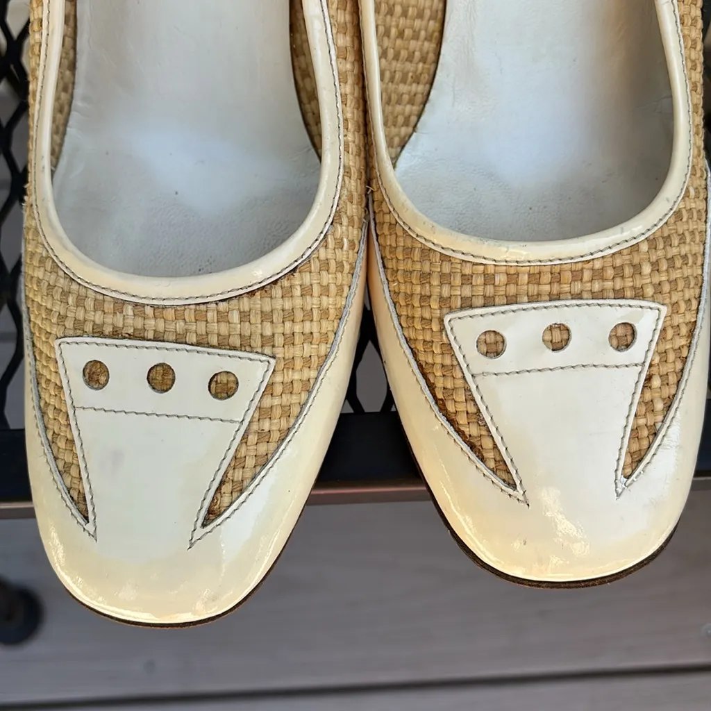 Prada cap toe cream patent and raffia 3” Heels - Image 6