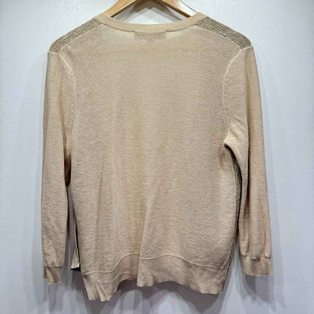 Loft Beige Linen Cotton Blend Mixed Knit Open Front Cardigan with Sequins Small - Image 6