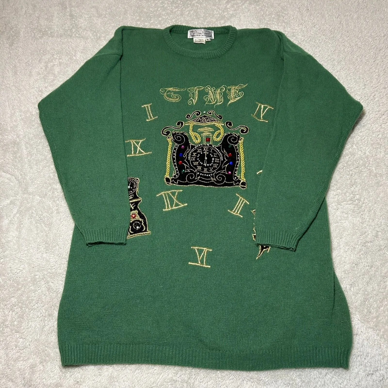 Vintage 80s Sweater XL LambsWool Sequins Beaded Embroidered Clock Vi Vien Forest Green - Image 11