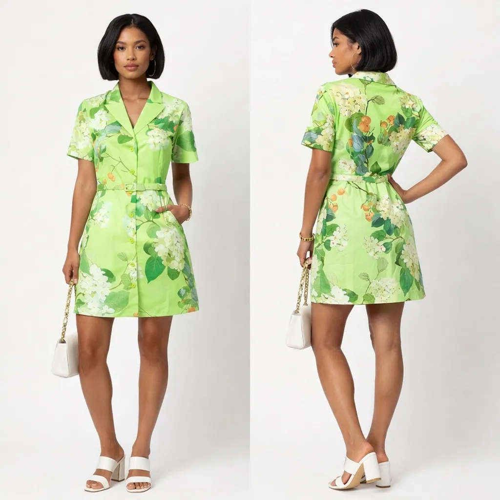 Leo Lin Brigitte Mini Dress Hydrangea Lime Green Belted Cotton Size 6 US NWT - Image 15
