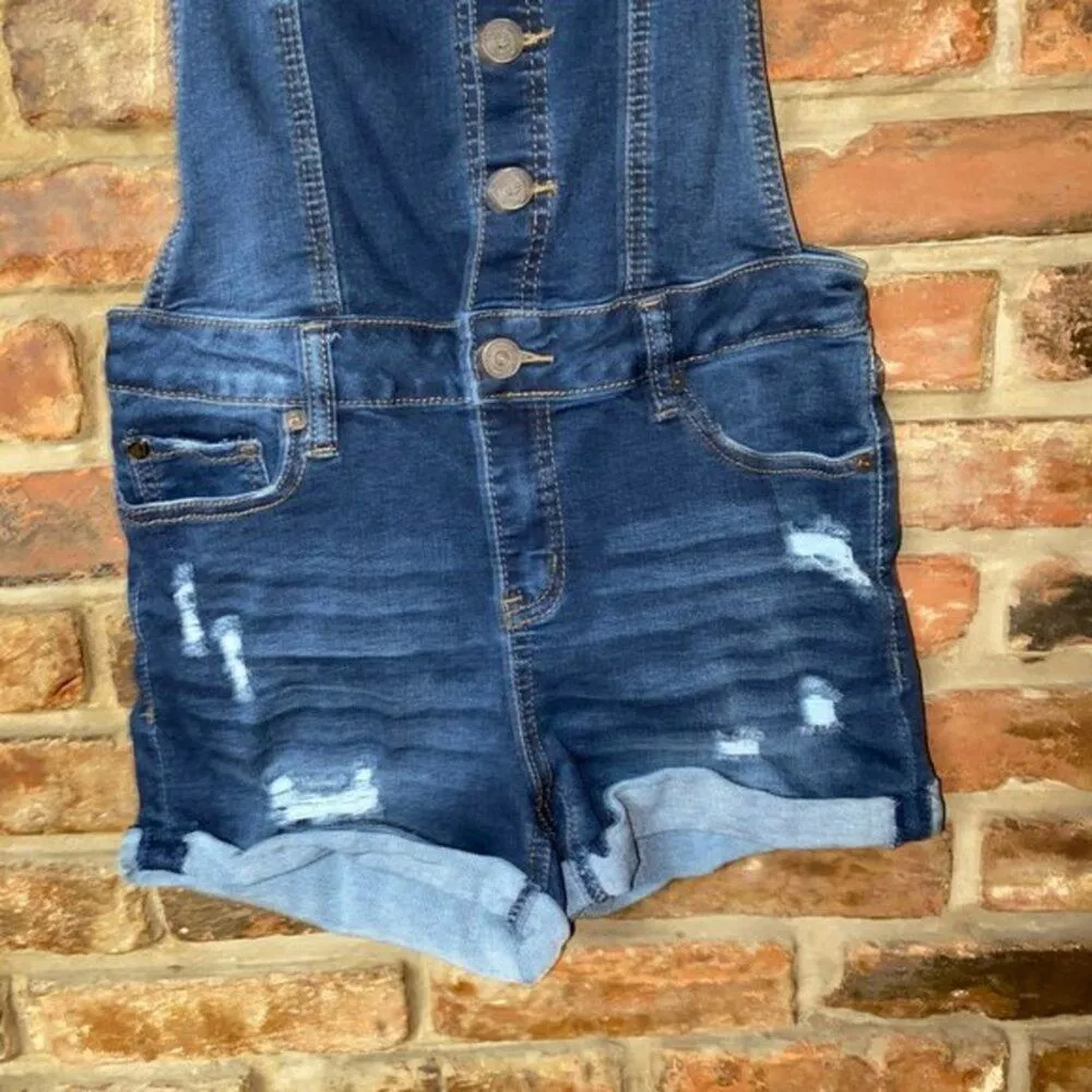 EnJean Dark Wash Blue Denim Distressed Shortalls Women's Size Small - Image 6