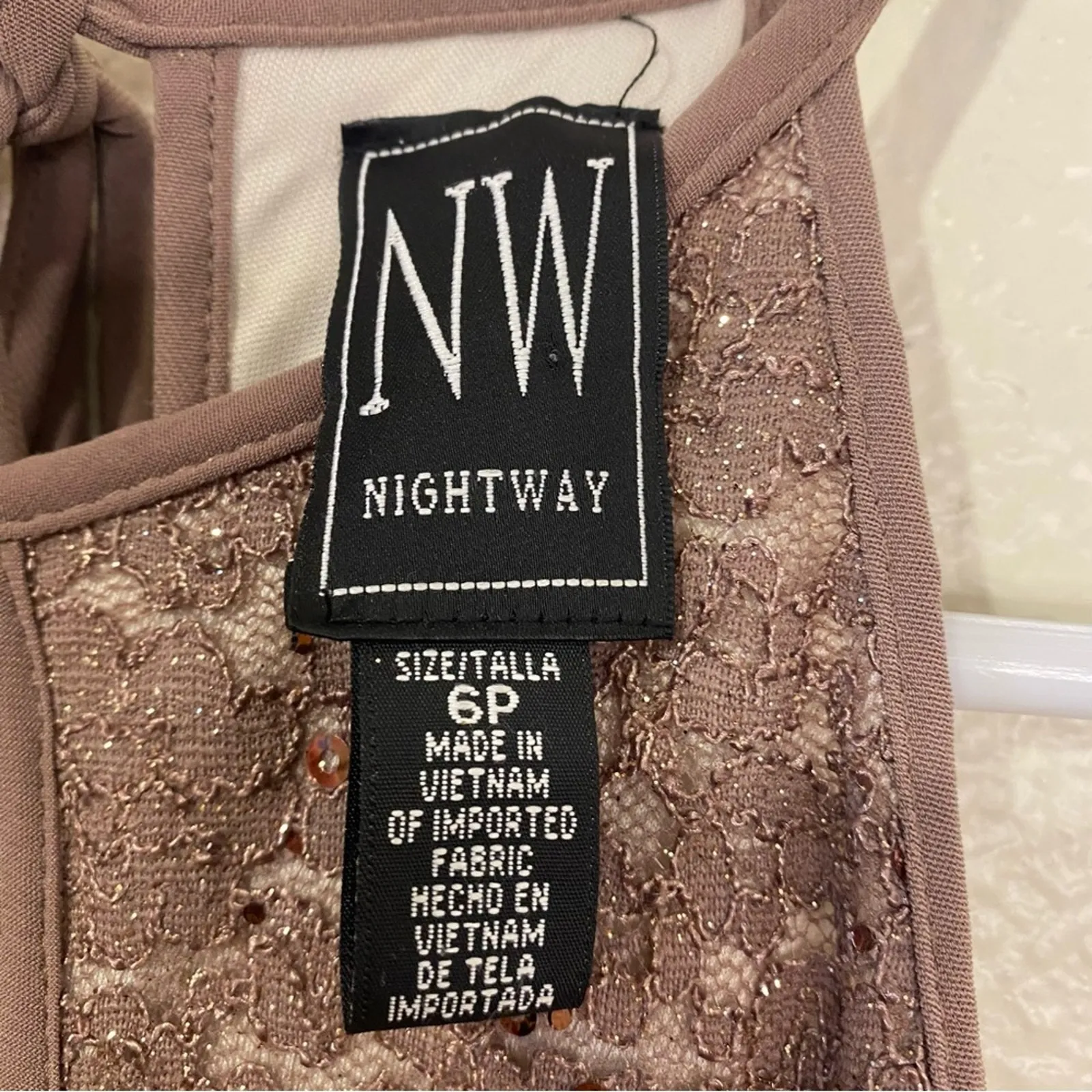 NIGHTWAY Sequin Sparkly Lace Lined Bodycon Halter Formal Dress Size 6P Petite Brown - Image 9