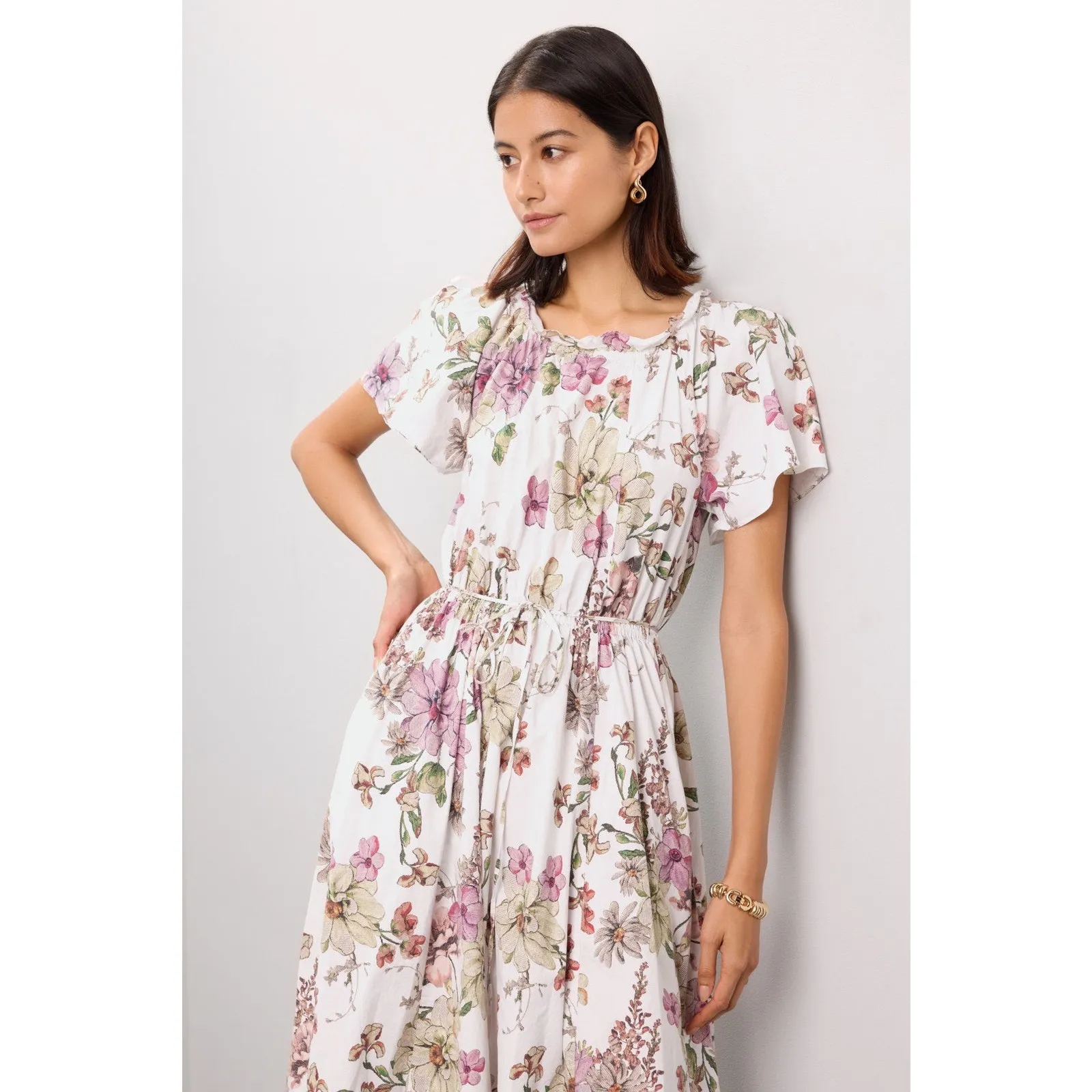 Adam Lippes White Garden Floral Print Shirred Short Sleeve Midi Dress Size 8 - Image 5