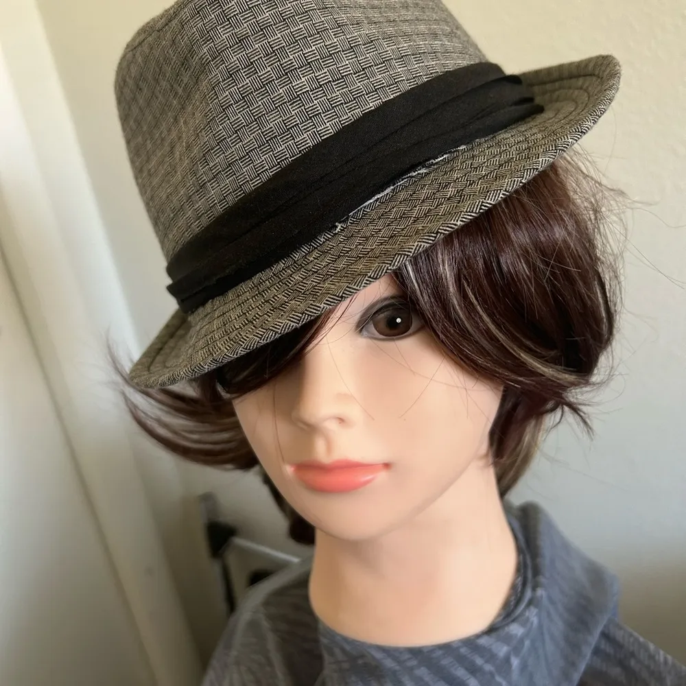 Hat Gray and Black Fedora Hat with Textured Pattern - Image 2