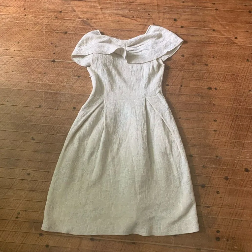 Moth Anthropologie wool cream flower embellished retro XS dress Green - Image 3