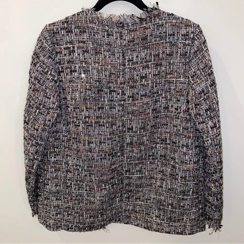 H&M  Frayed Tweed Sequin Cropped Jacket Open-front Blazer Size 6 - Image 5