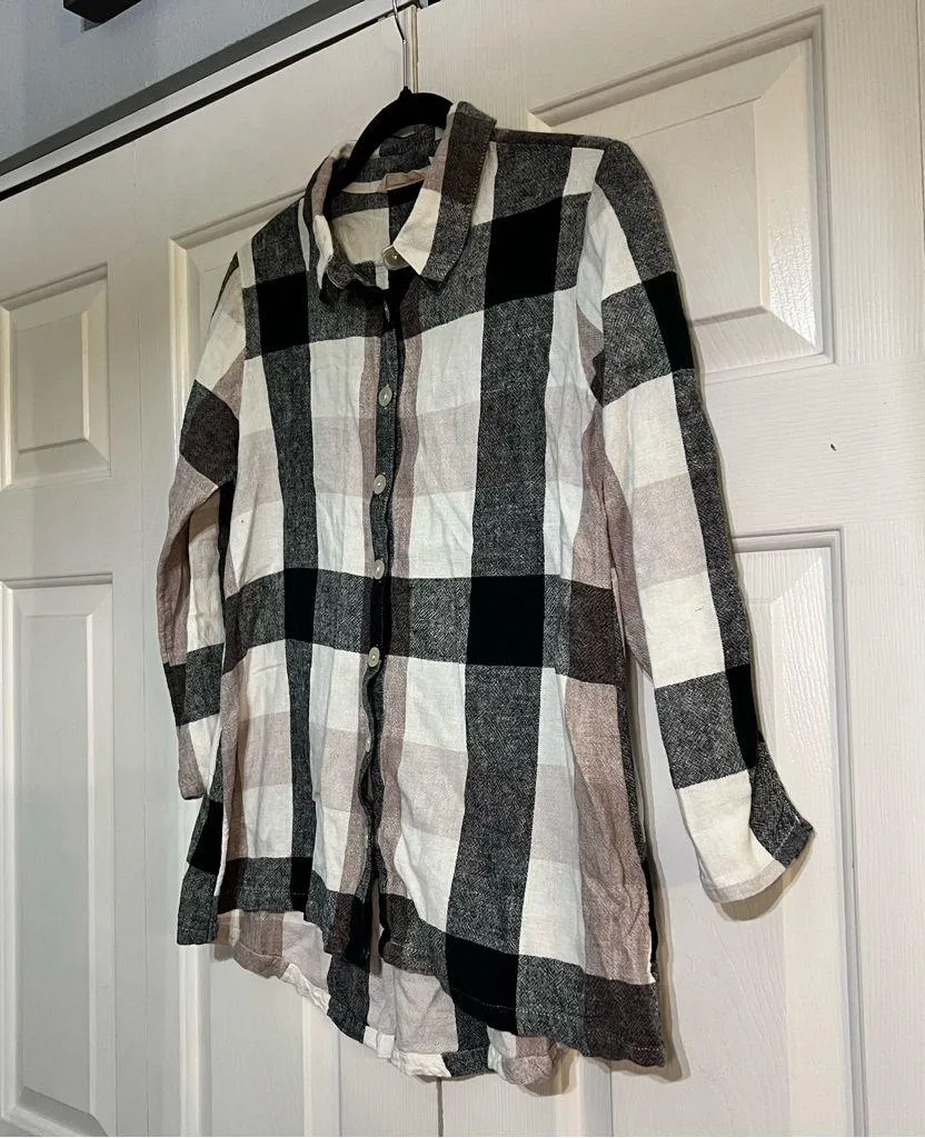 Soft Surroundings Carreaux Linen Blend Black Plaid Blouse Top Zipper Back Small - Image 5