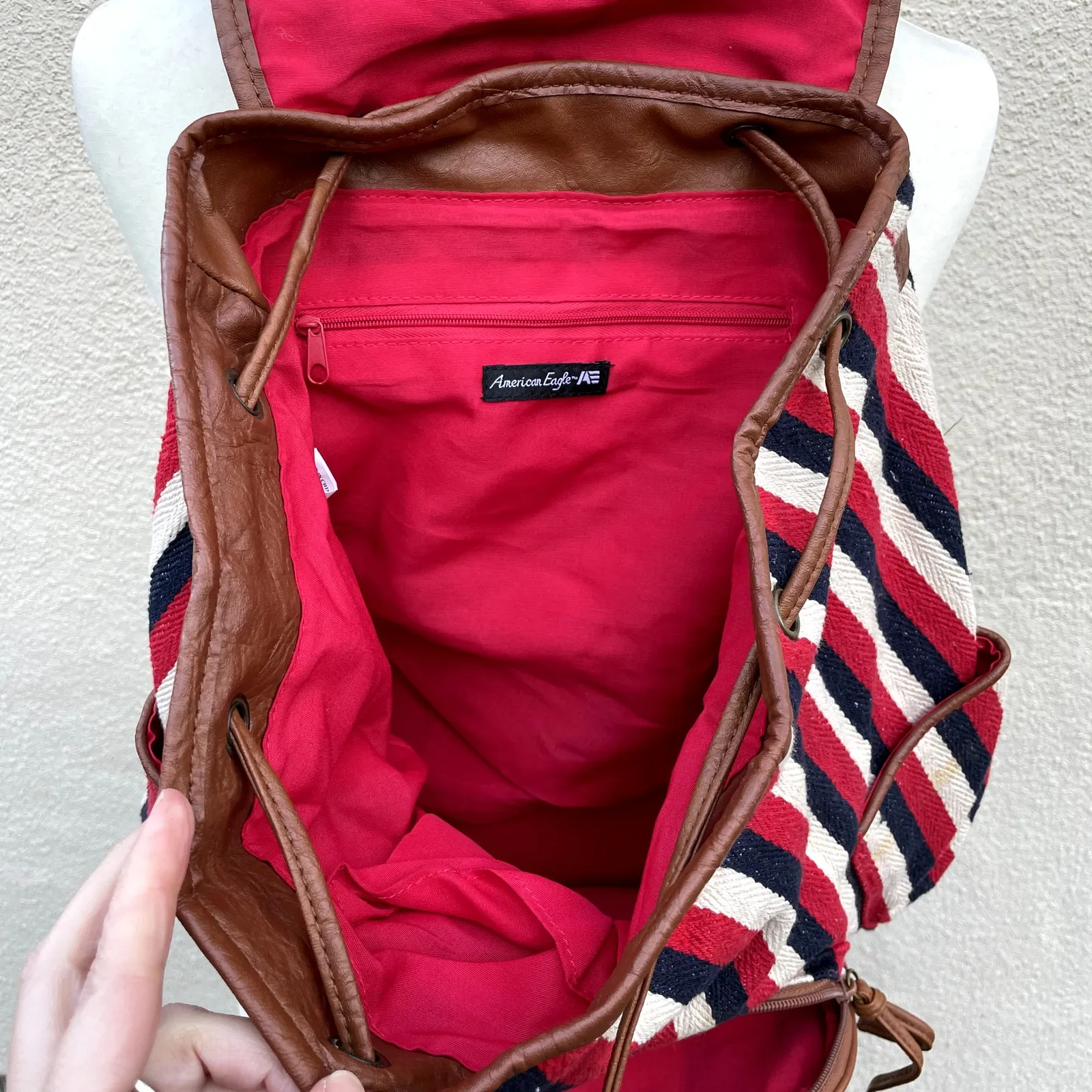 Vintage Y2K American Eagle Canvas Backpack Red White Blue Stripe - Image 5