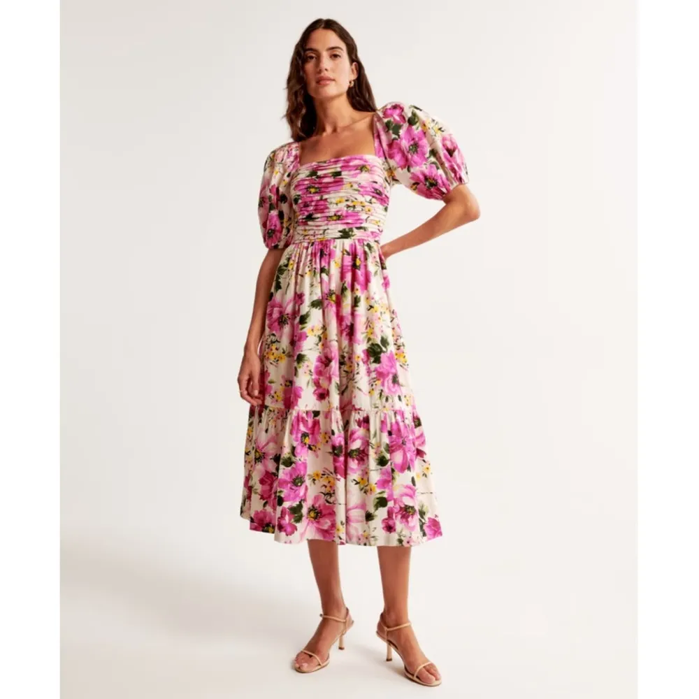 NEW Abercrombie & Fitch Emerson Poplin Puff Sleeve Midi Dress in Pink Floral XXS - Image 3