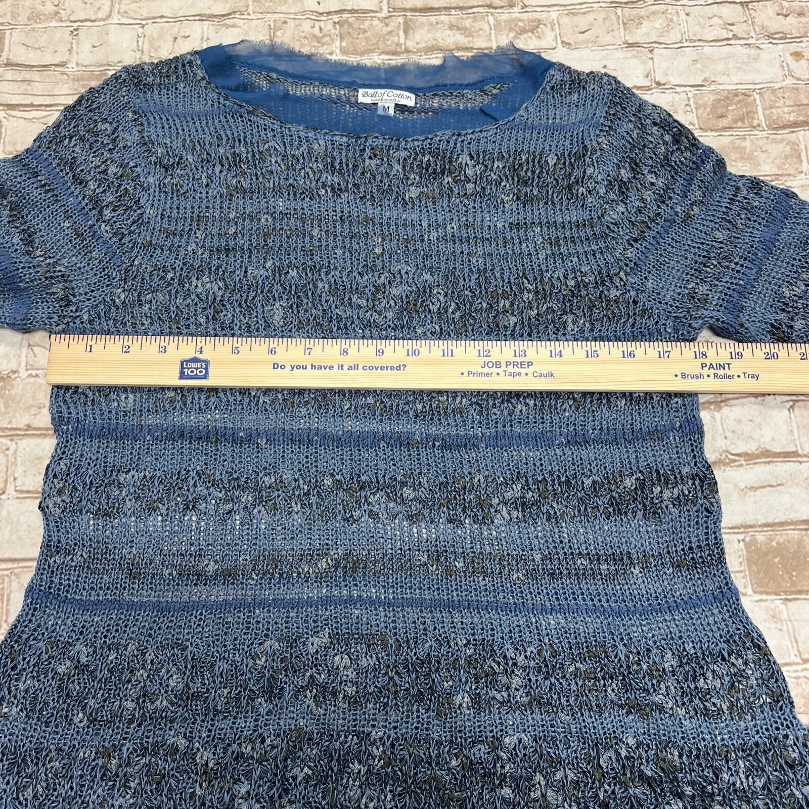 Ball of Cotton Sweater Size M Blue Crochet Knit Sheer Panels Top Lagenlook Linen Size M - Image 7