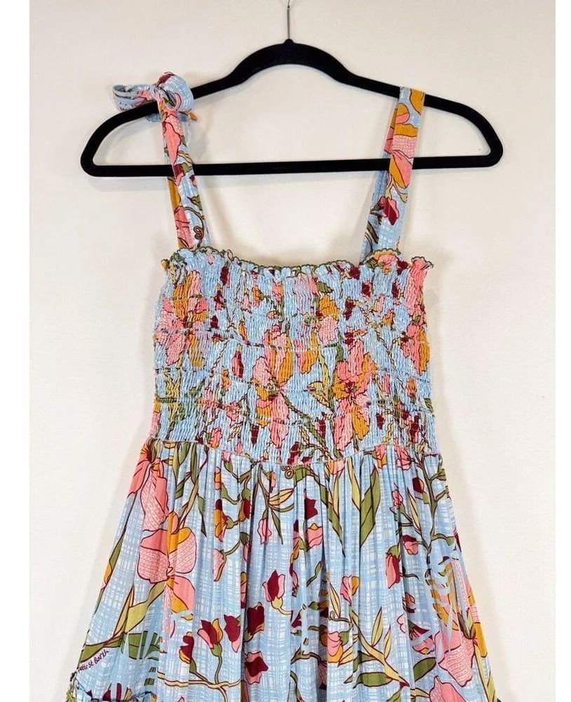 Poupette St Barth Dress Blue Midi Kleid Triny Floral Tank Tiered Smocked Boho XS - Image 11