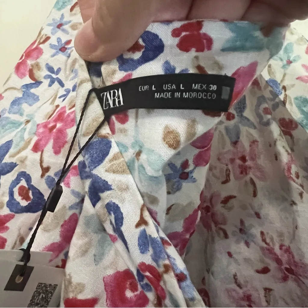 Zara Floral Puff Sleeve Crop Top L‎ Linen Viscose Tie Back NWT - Image 7