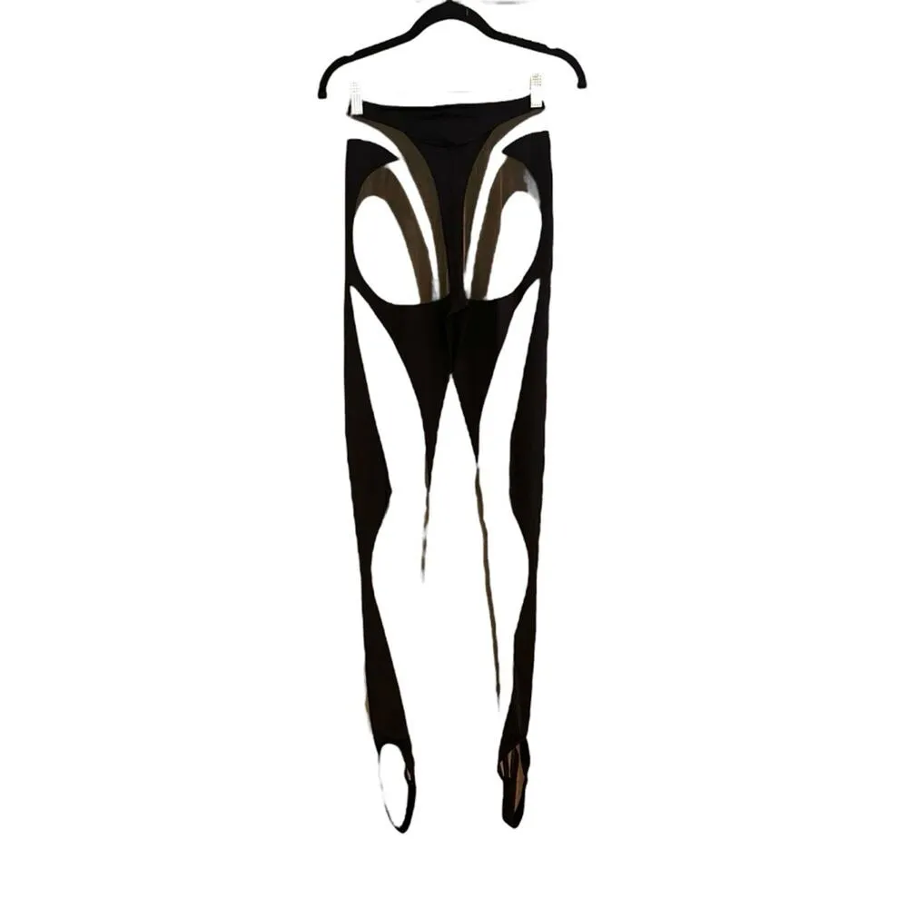 NWT Mugler Rodeo Black Mesh Panelled Stirrup Leggings 38 US 6 - Image 4